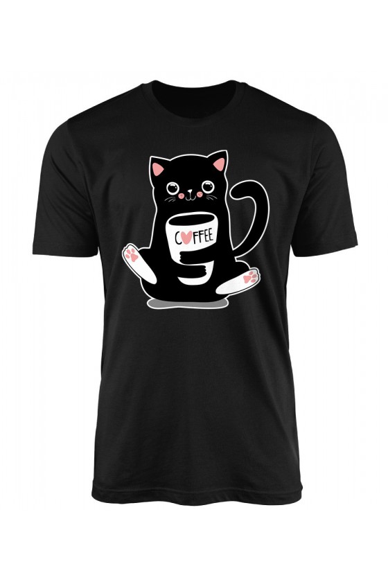 Koszulka Męska Przytulaśny Kotek Z Kubkiem Kawy